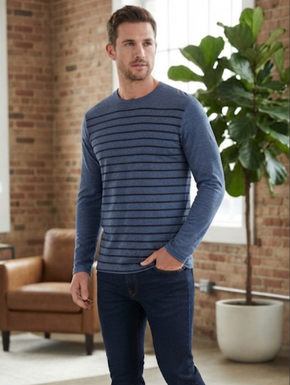 Structure Slimfit Long Sleeve Light Blue/Dark Blue Striped Cotton Shirt Size Med